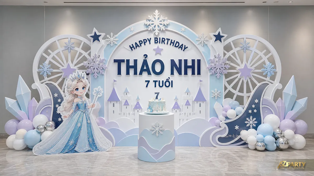 Backdrop lâu đài băng cho bé Thảo Nhi 7 tuổi với Elsa và các nhánh pha lê trắng
