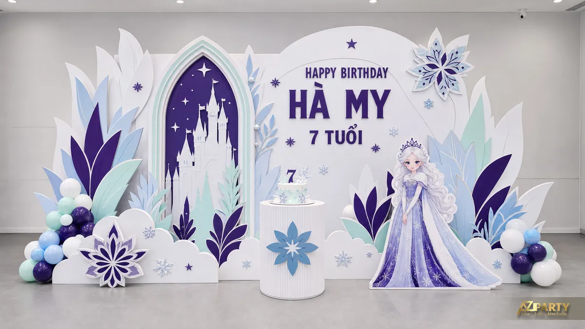Góc tiệc bé Hà My màu tím xanh với Elsa, cổng lâu đài và hoa pha lê