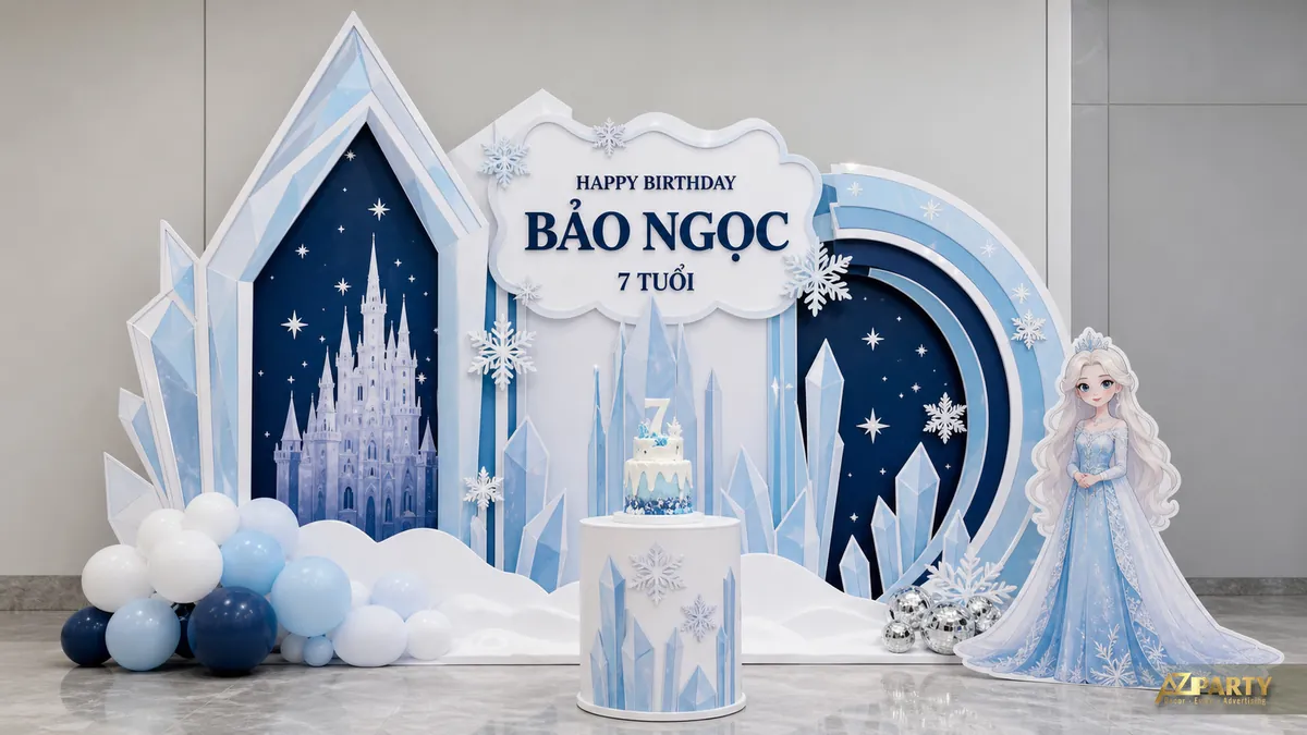 Mẫu Elsa cho bé Bảo Ngọc 7 tuổi với cung điện băng và bầu trời đêm xanh thẫm