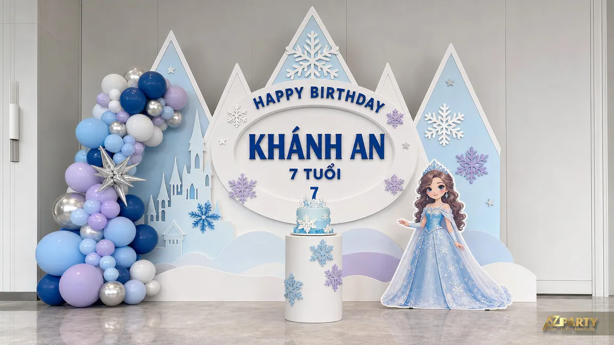 Backdrop Frozen cho bé Khánh An 7 tuổi với công chúa, lâu đài băng và cụm bóng pastel