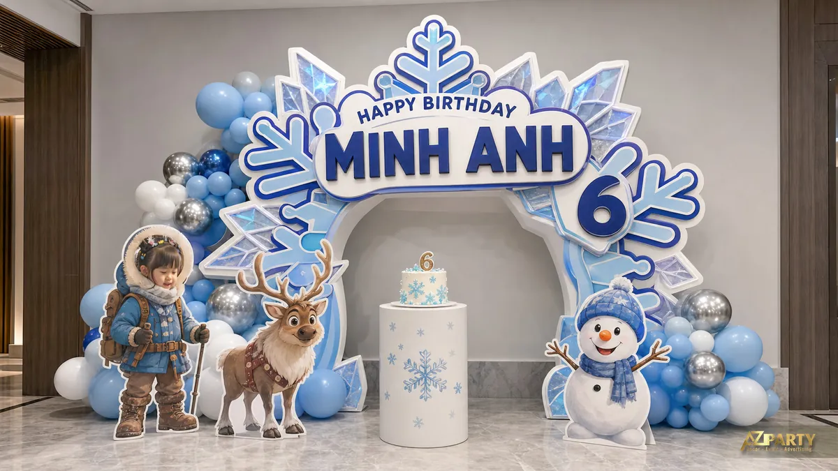 Góc sinh nhật bé Minh Anh 6 tuổi với Olaf, tuần lộc và vòng tuyết lớn