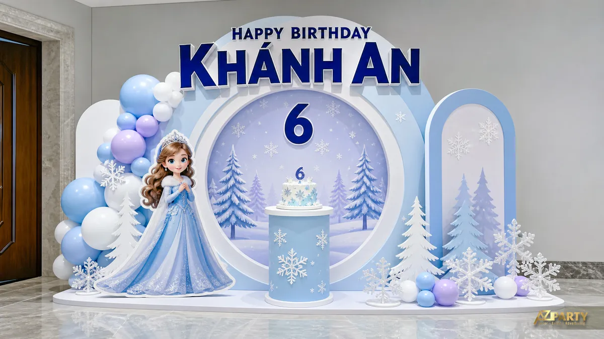 Backdrop Elsa cho bé Khánh An 6 tuổi với rừng thông phủ tuyết và khung tròn xanh