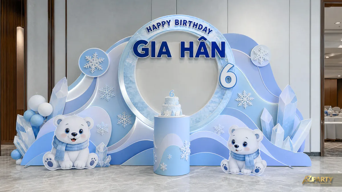 Mẫu mùa đông cho bé Gia Hân 6 tuổi với gấu trắng, núi băng và vòng tròn xanh pastel