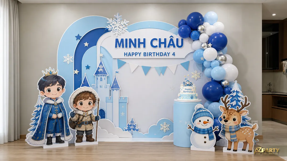 Mẫu Frozen cho bé Minh Châu 4 tuổi với Olaf, tuần lộc, lâu đài và cờ dây