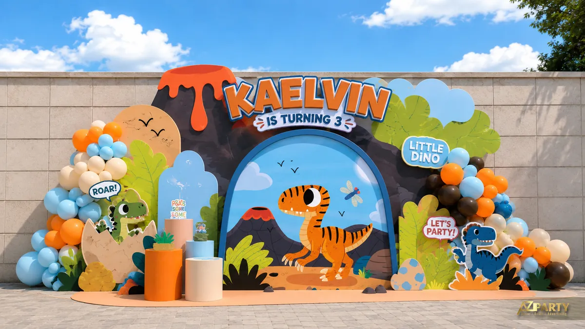 Backdrop sinh nhật khủng long cam xanh với núi lửa và mô hình khủng long T-rex
