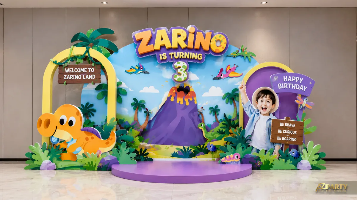 Backdrop sinh nhật khủng long cổ tích tím xanh với nhân vật công chúa và rừng nhiệt đới
