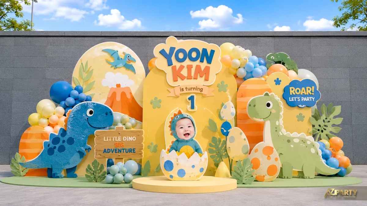 Trang trí sinh nhật khủng long tông cam xanh với mô hình khủng long đứng hai bên