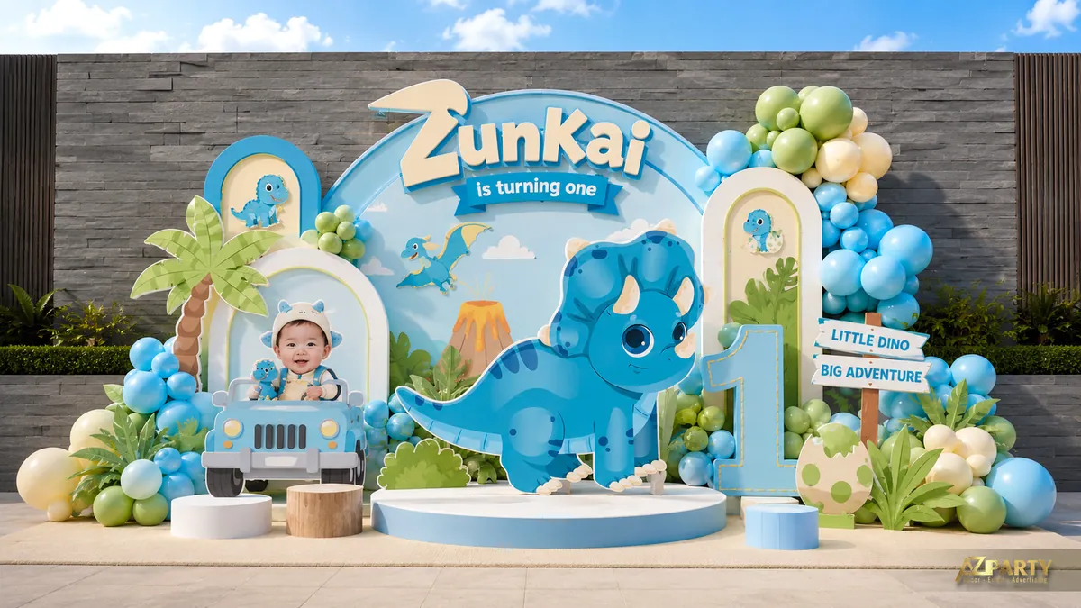 Backdrop khủng long xanh dương pastel với mô hình khủng long lớn và cụm bóng xanh lá