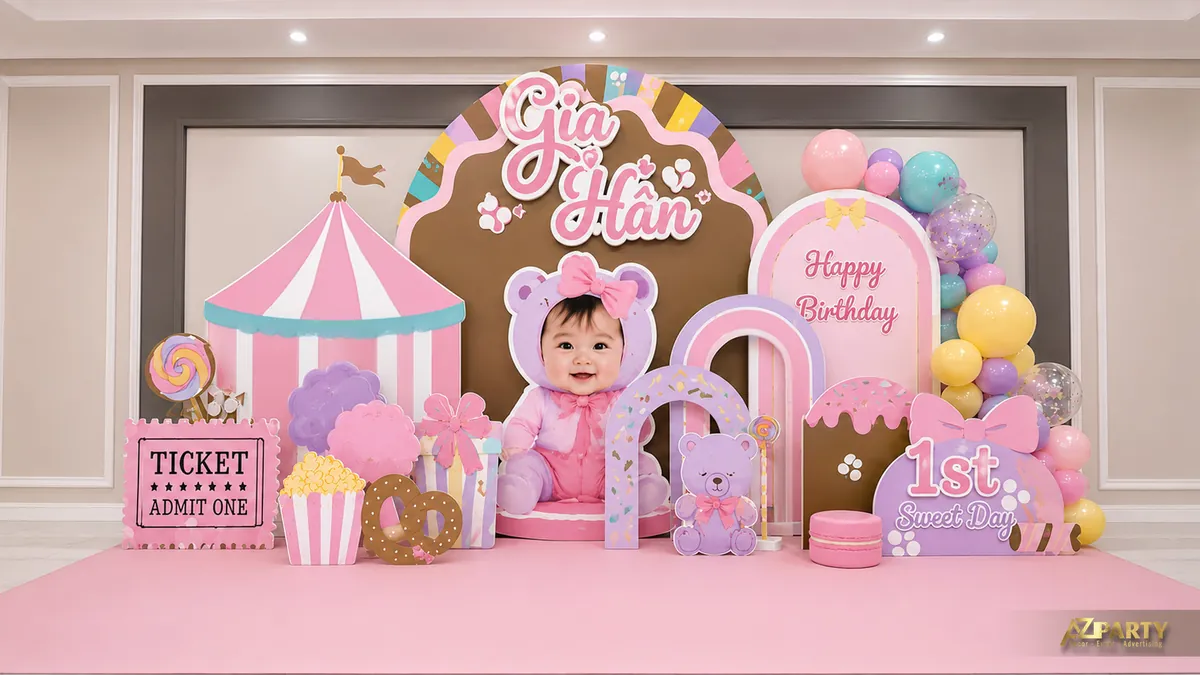 Trang trí sinh nhật màu hồng chủ đề rạp xiếc với lều sọc, quầy vé và ảnh bé