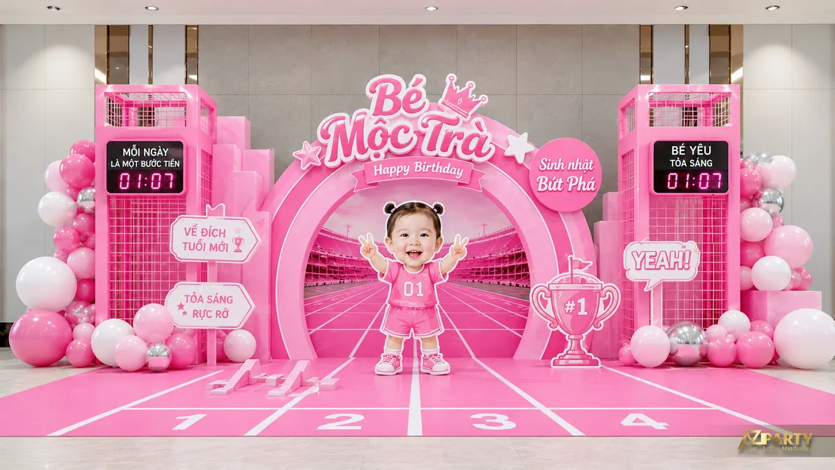 Backdrop sinh nhật màu hồng chủ đề thể thao với đường chạy, bảng điểm và ảnh bé