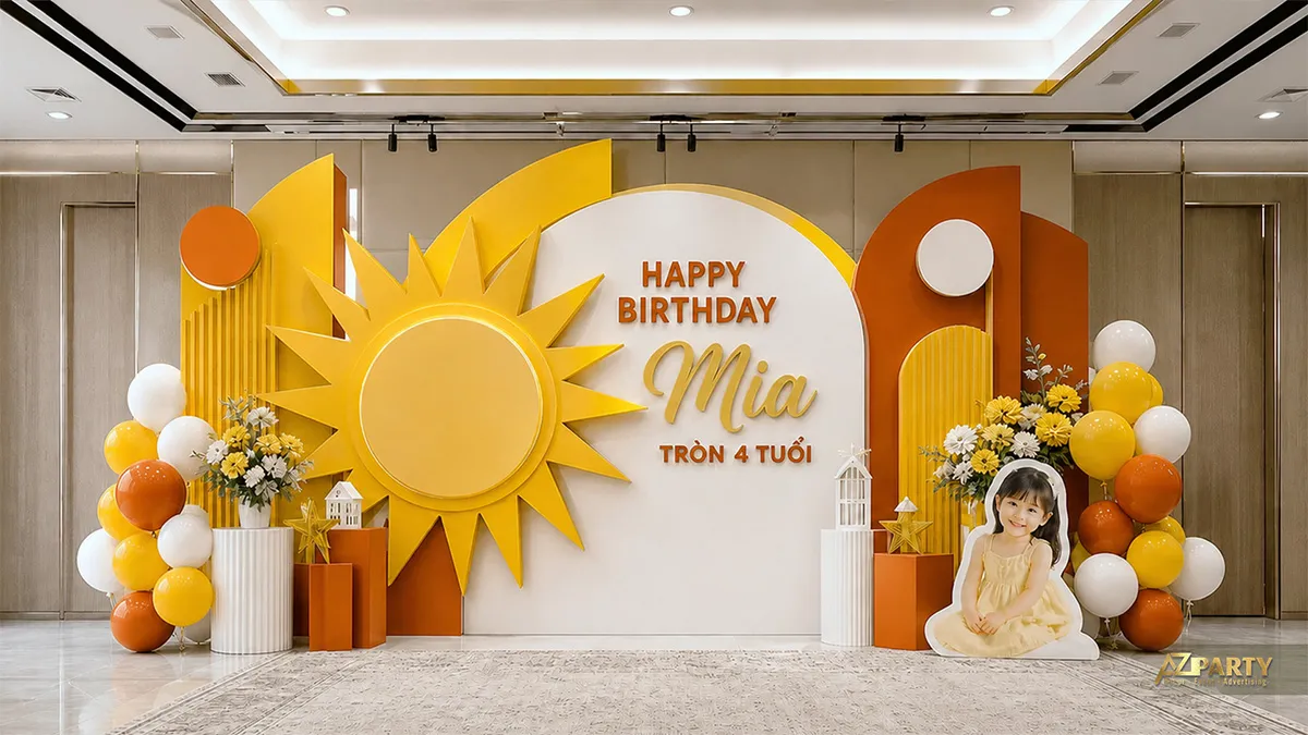Góc tiệc màu vàng cam với mặt trời và các mảng nền cong