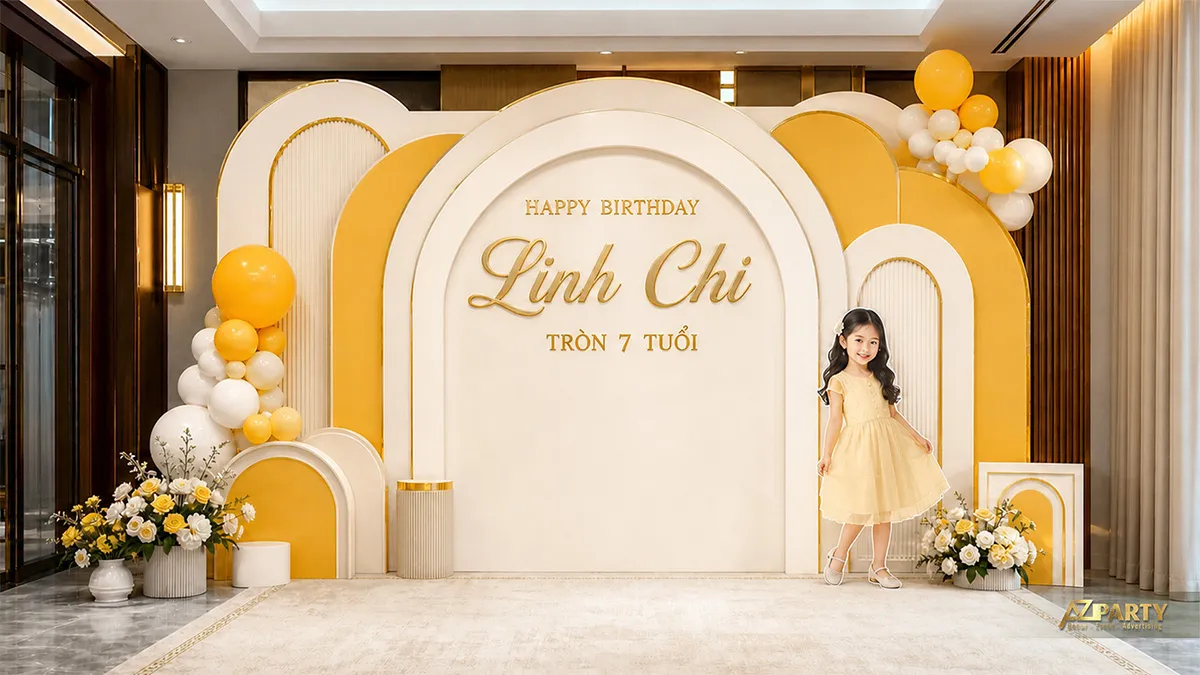 Góc tiệc vàng kem gọn gàng dành cho không gian nhỏ