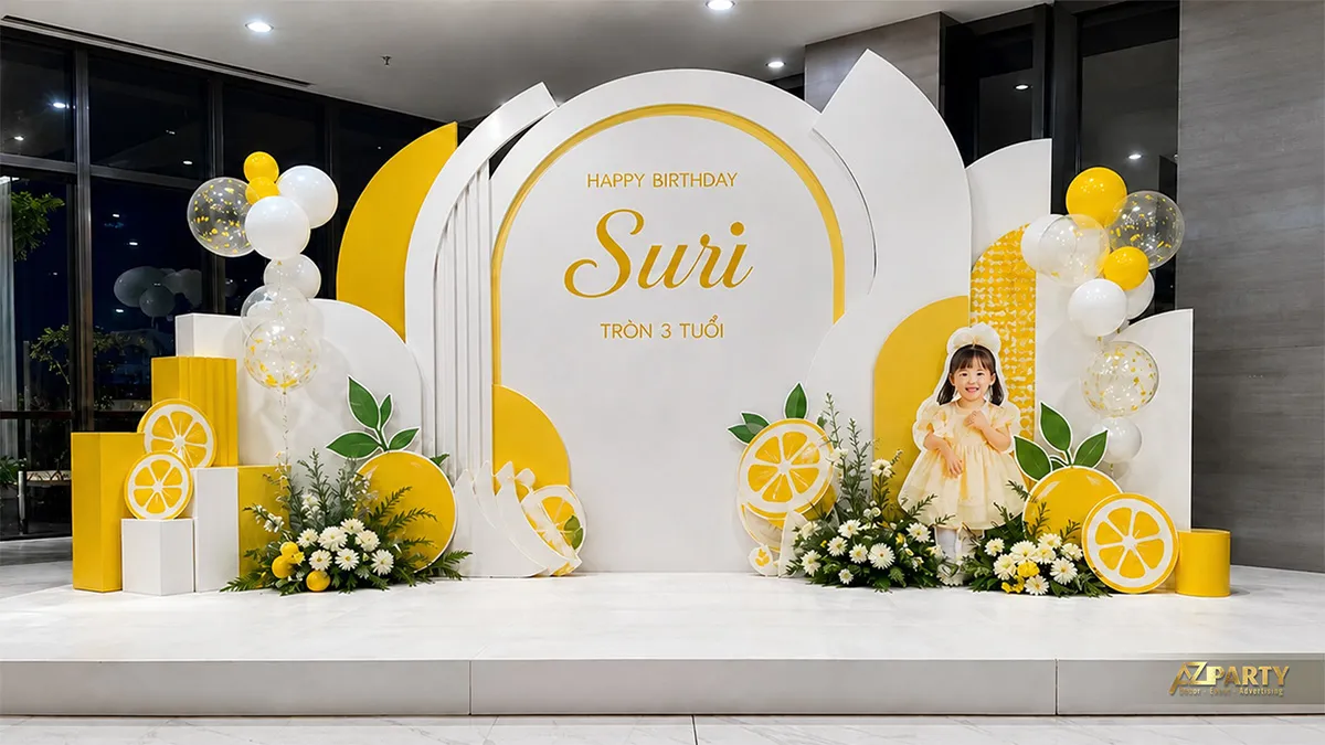Backdrop màu vàng trắng với hoa lá và các lớp nền mềm