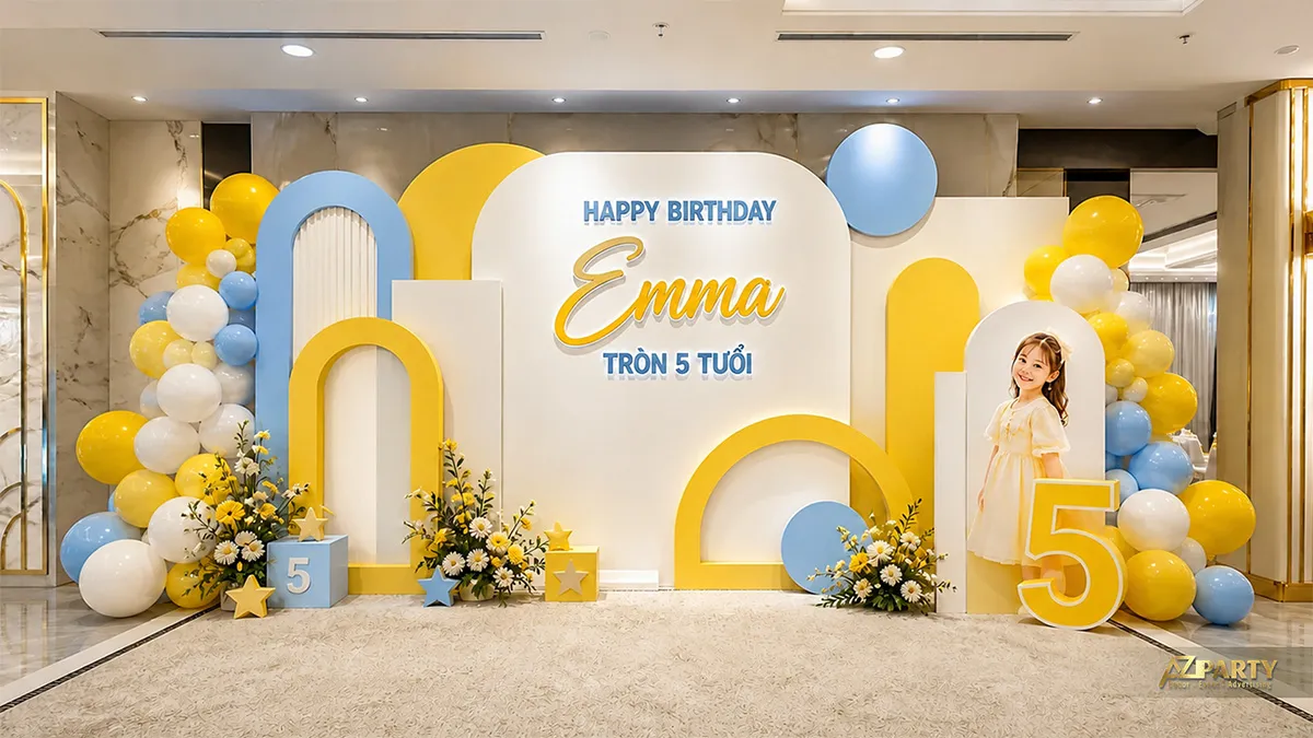 Mẫu sinh nhật vàng cam rực rỡ với cầu vồng và cụm bóng