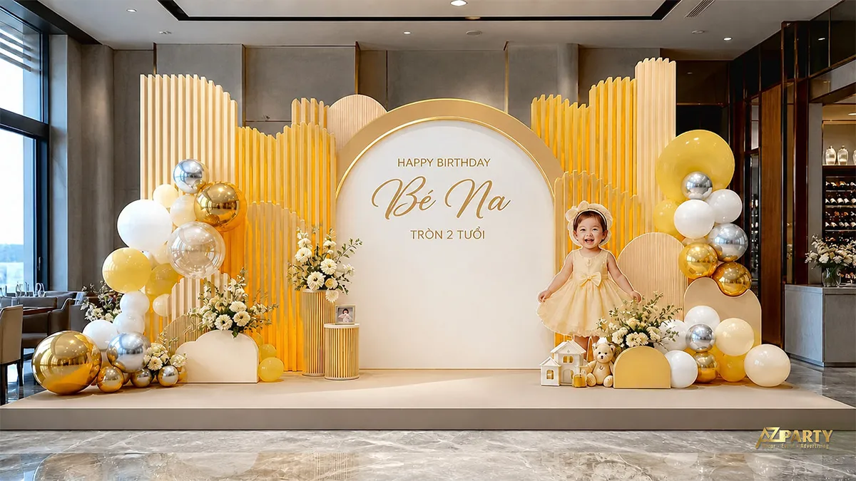 Backdrop vàng trắng xanh với hoa và bàn bánh nhỏ