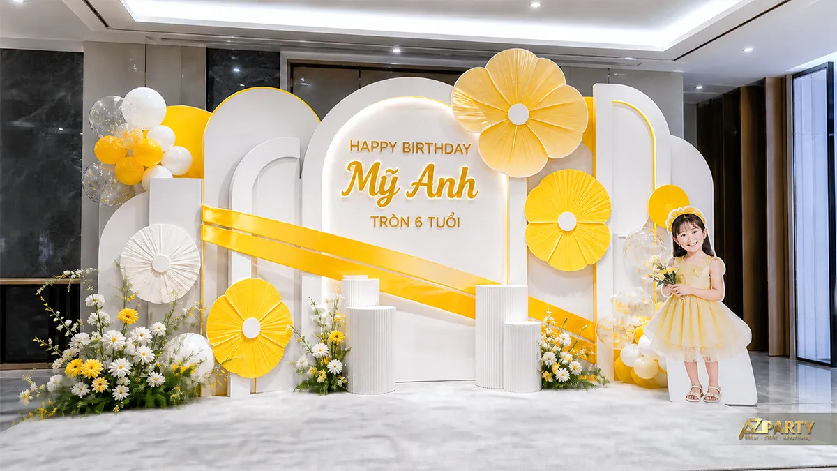 Góc tiệc vàng kem với các mảng nền tròn và cụm bóng