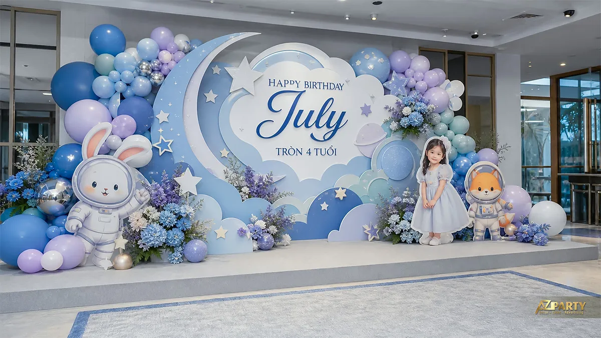 Backdrop xanh tím pastel mừng sinh nhật July tròn 4 tuổi, có thỏ, phi hành gia và trăng sao.