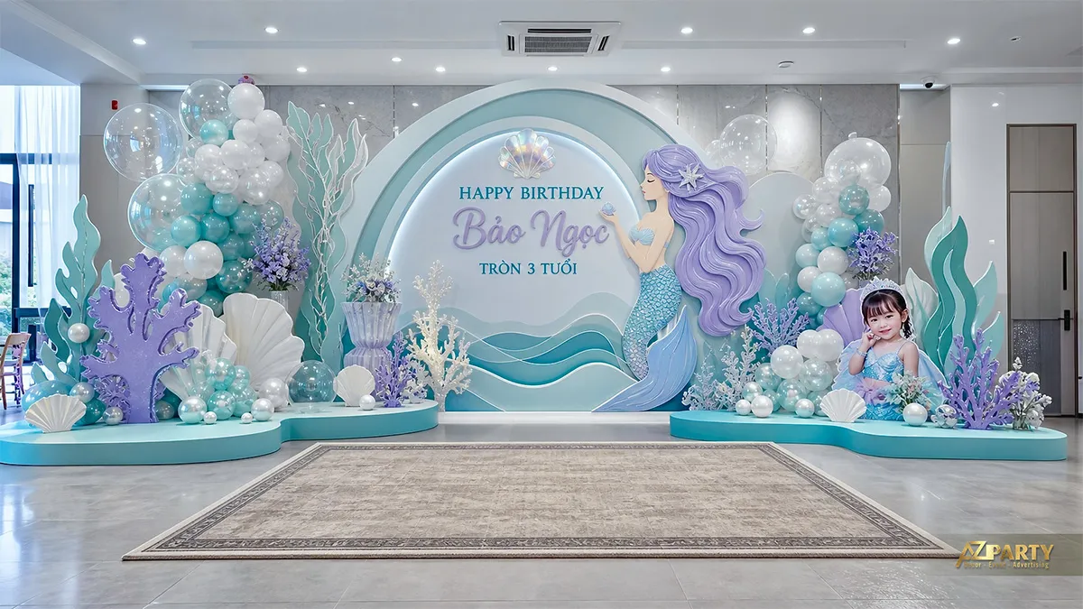 Backdrop nàng tiên cá xanh mint tím với vỏ sò và sóng nước