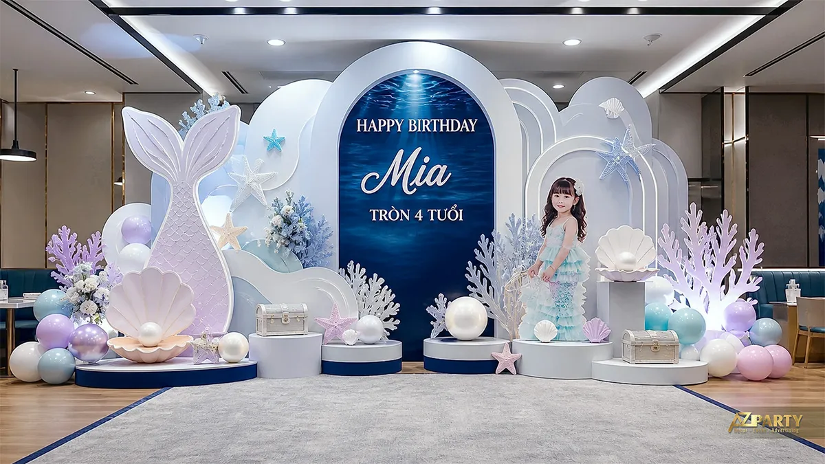 Góc tiệc đại dương tím xanh với cổng vòm và san hô
