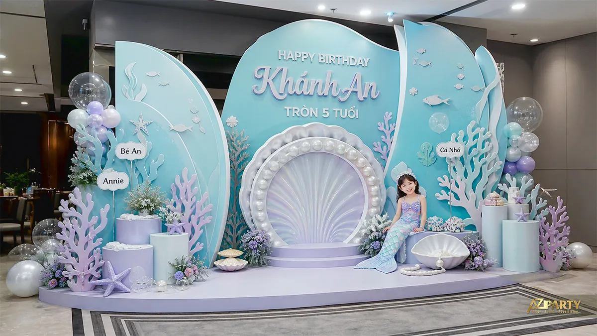 Phông sinh nhật nàng tiên cá xanh pastel nhiều lớp