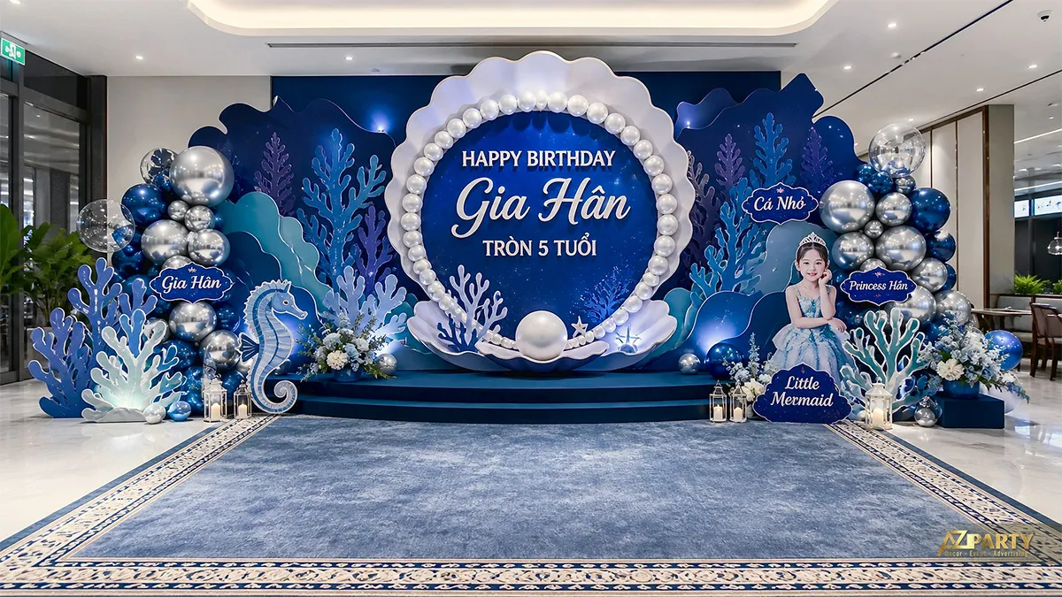 Backdrop nàng tiên cá xanh đậm tím với ánh sáng viền