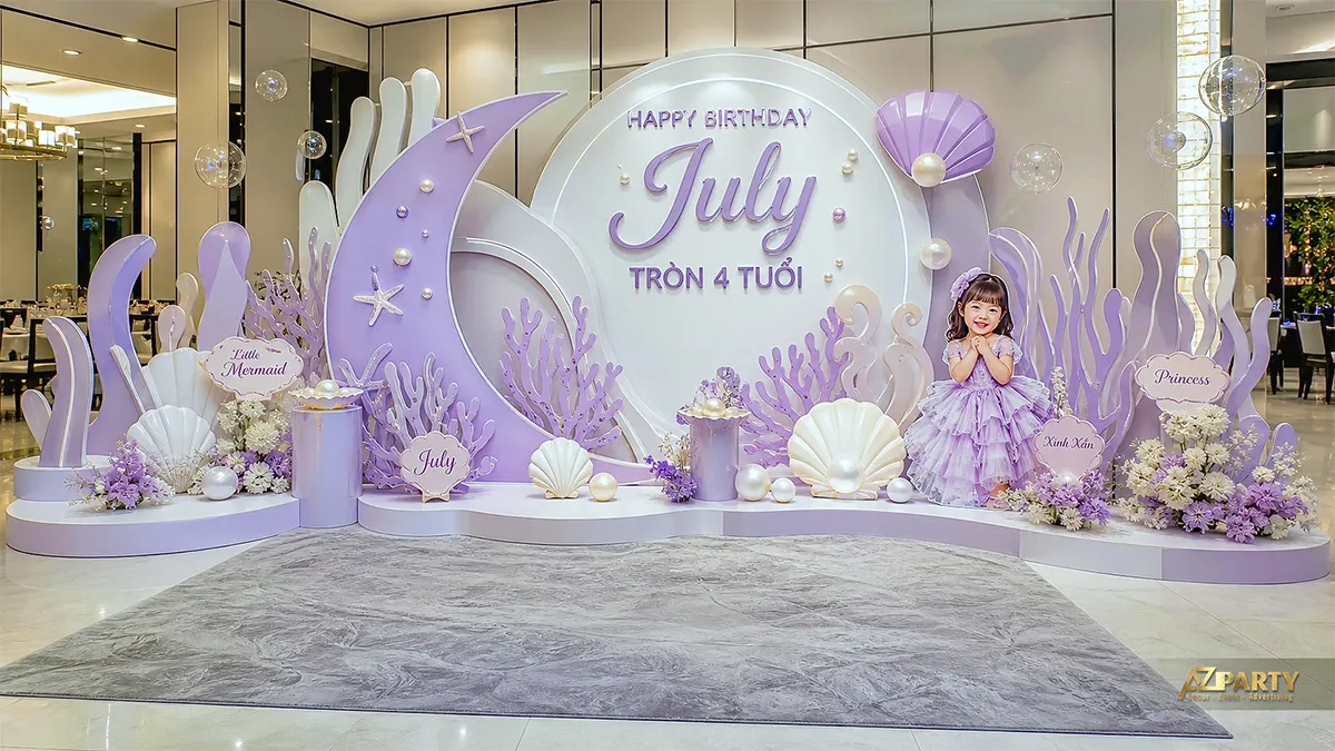 Phông sinh nhật nàng tiên cá tím lavender với vỏ sò