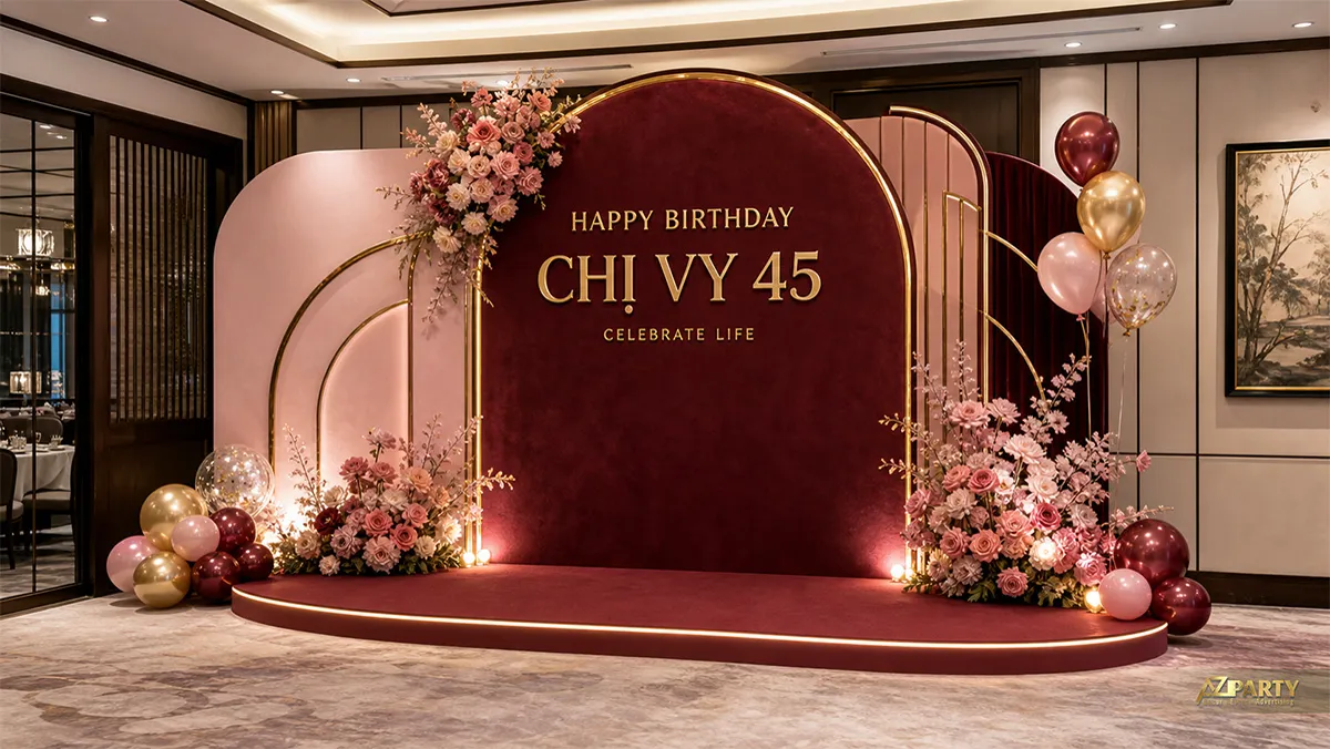 Góc tiệc chị Vy 45 tuổi tông đỏ rượu và hồng phấn