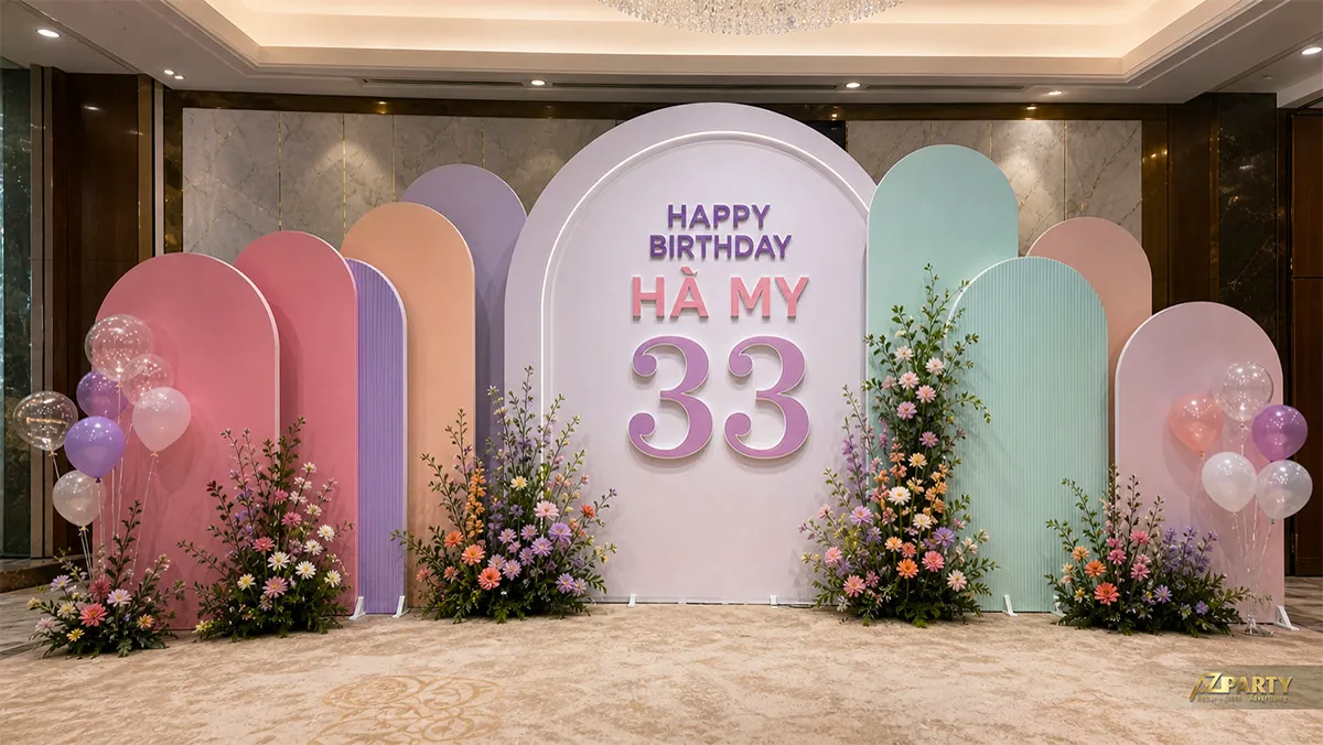 Mẫu sinh nhật Hà My 33 tuổi phối hồng tím xanh pastel với hoa nhiều màu