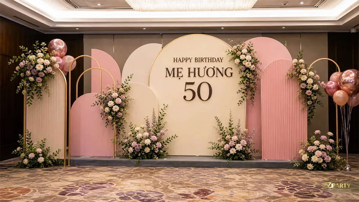 Mẫu mừng tuổi 50 của mẹ Hương tông hồng kem với hoa và bóng bay