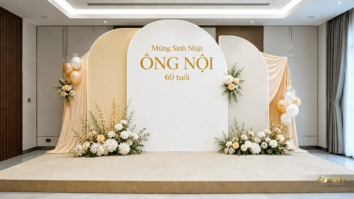 Backdrop sinh nhật người lớn tuổi cho ông nội 60 tuổi, tông kem gold, phối rèm vải, hoa và bóng ánh kim.