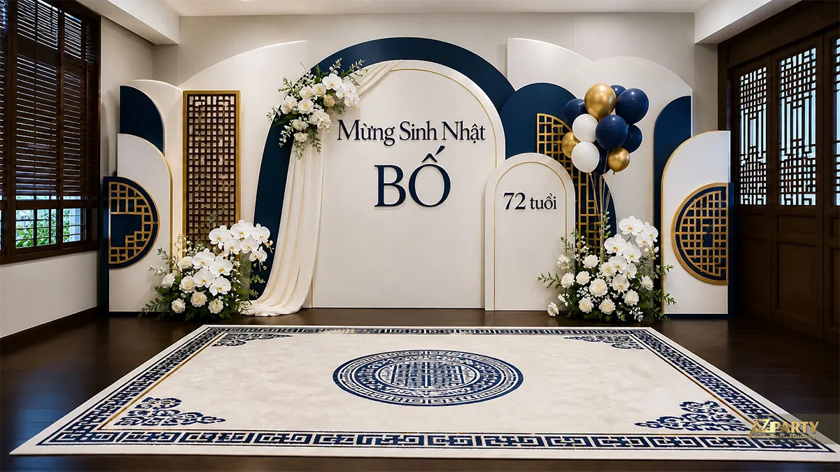Backdrop sinh nhật người lớn tuổi cho bố 72 tuổi, tông navy trắng gold, phối hoa trắng, bóng bay và họa tiết trang trí.