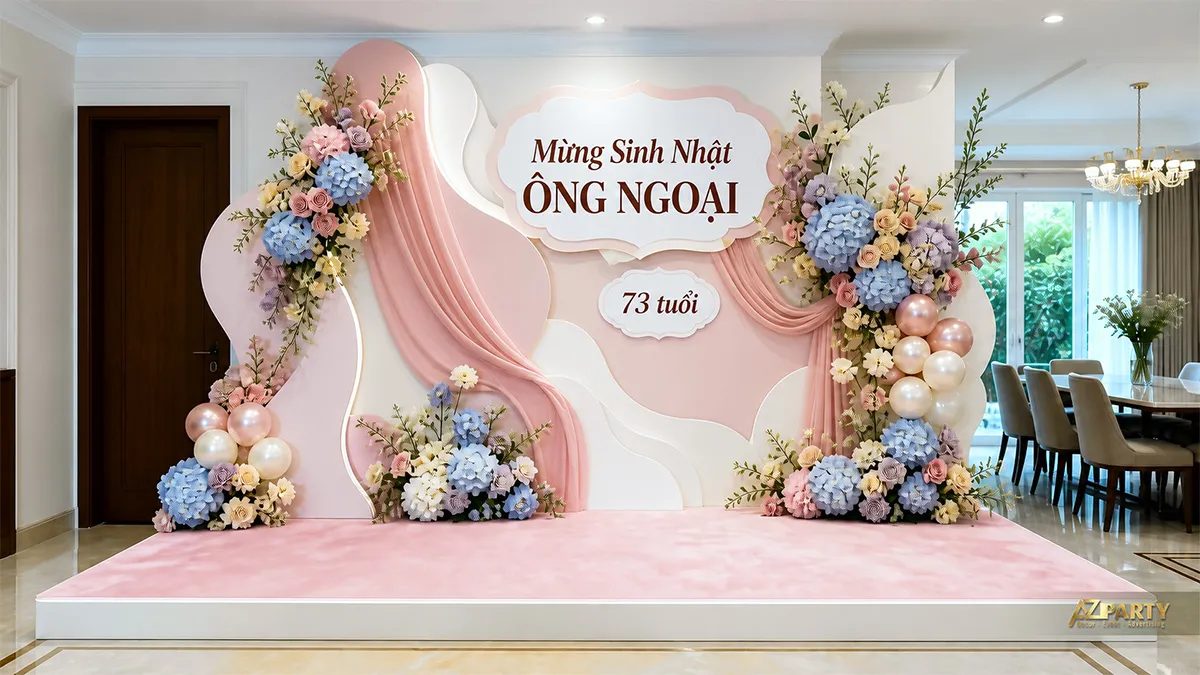 Backdrop sinh nhật người lớn tuổi cho ông ngoại 73 tuổi, tông hồng phấn, phối rèm vải, hoa pastel và bóng ánh kim.