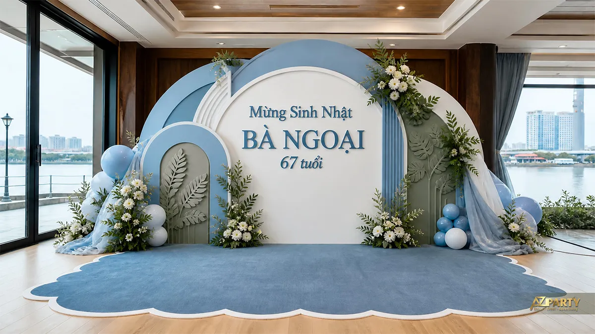Backdrop sinh nhật người lớn tuổi cho bà ngoại 67 tuổi, tông xanh trắng, phối rèm vải, hoa và bóng pastel.