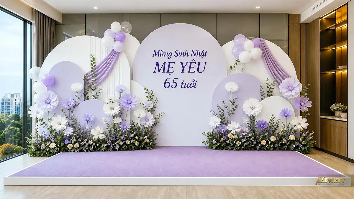 Backdrop sinh nhật người lớn tuổi cho mẹ 65 tuổi, tông tím lavender, phối hoa, rèm vải và bóng pastel.