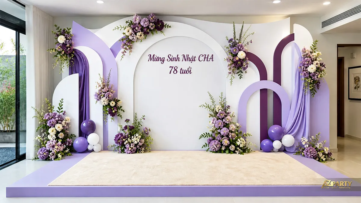 Backdrop sinh nhật người lớn tuổi cho cha 78 tuổi, tông tím lavender, phối hoa, rèm vải và bóng tím.