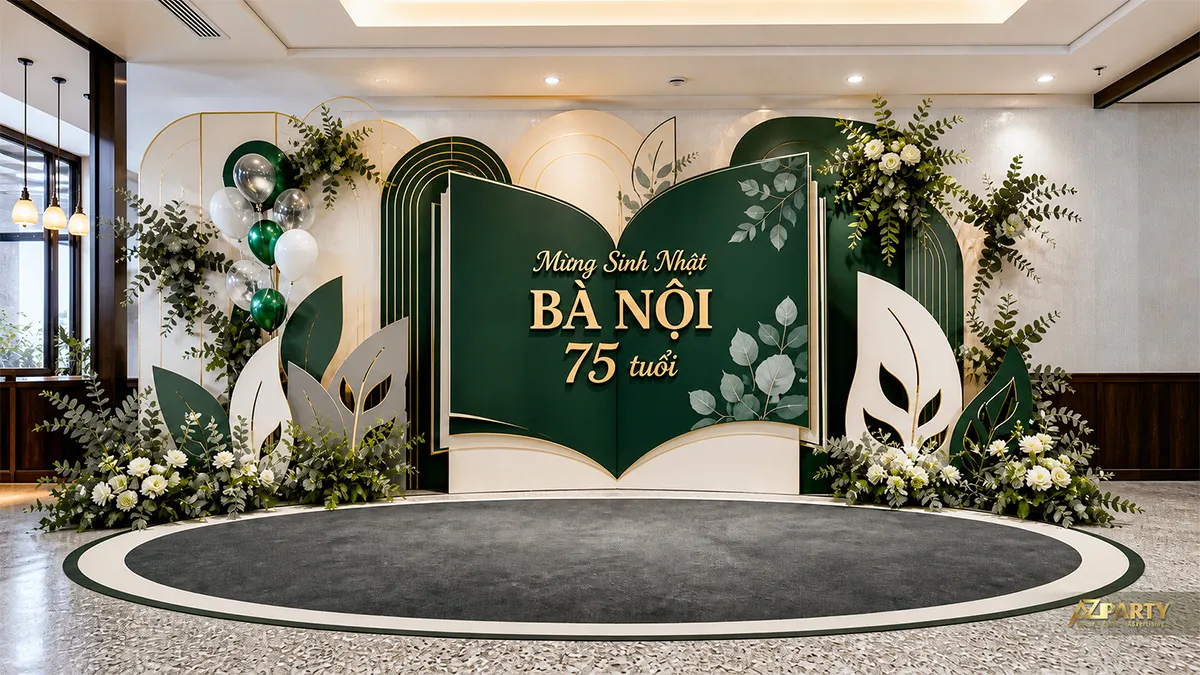 Backdrop sinh nhật người lớn tuổi cho bà nội 75 tuổi, tông xanh lá đậm, tạo hình quyển sách và phối hoa trắng.