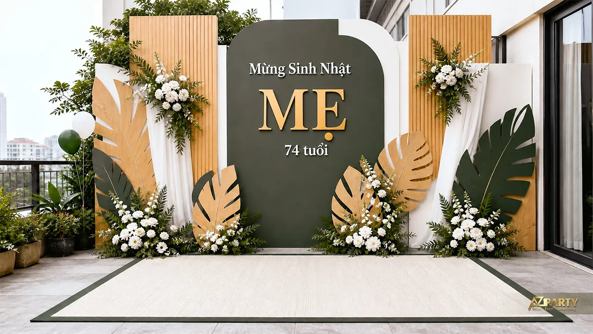 Backdrop sinh nhật người lớn tuổi cho mẹ 74 tuổi, tông xanh olive, phối lá nhiệt đới, hoa trắng và chi tiết gỗ.