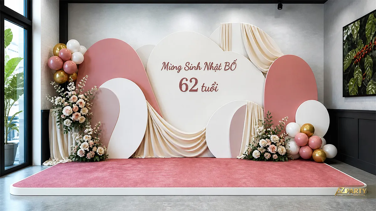 Backdrop sinh nhật người lớn tuổi cho bố 62 tuổi, tông hồng phấn kem, phối rèm vải, hoa và bóng gold.