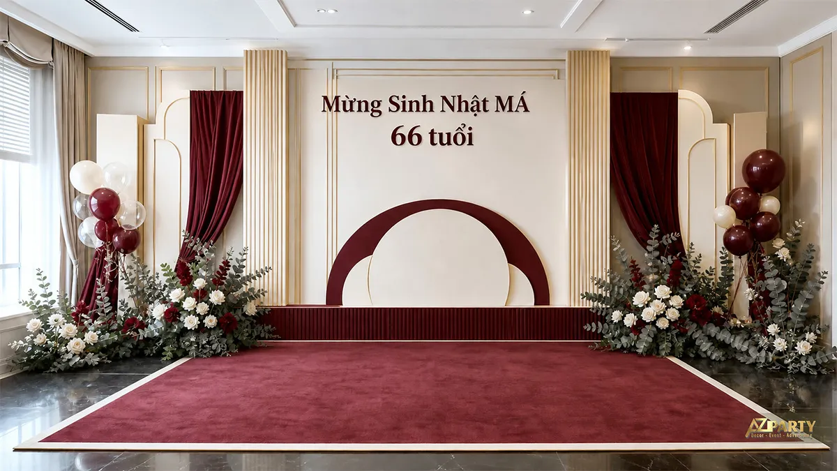 Backdrop sinh nhật người lớn tuổi cho má 66 tuổi, tông burgundy kem, phối rèm đỏ, hoa và sân khấu trang trọng.