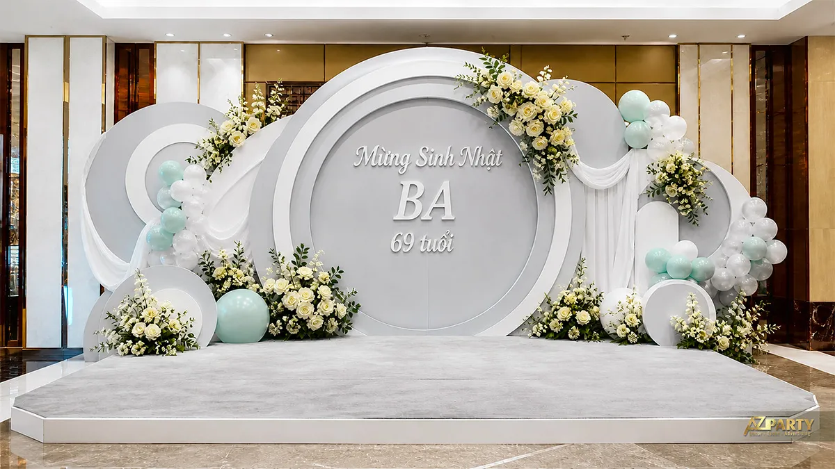 Backdrop sinh nhật người lớn tuổi cho ba 69 tuổi, tông trắng xám mint, phối hoa trắng, rèm vải và bóng pastel.