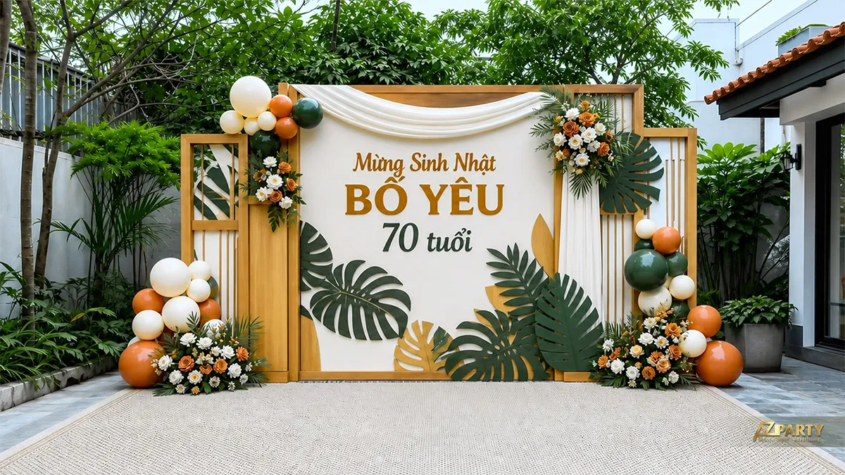 Backdrop sinh nhật người lớn tuổi cho bố yêu 70 tuổi, tông xanh lá cam, phối khung gỗ, lá nhiệt đới và hoa.
