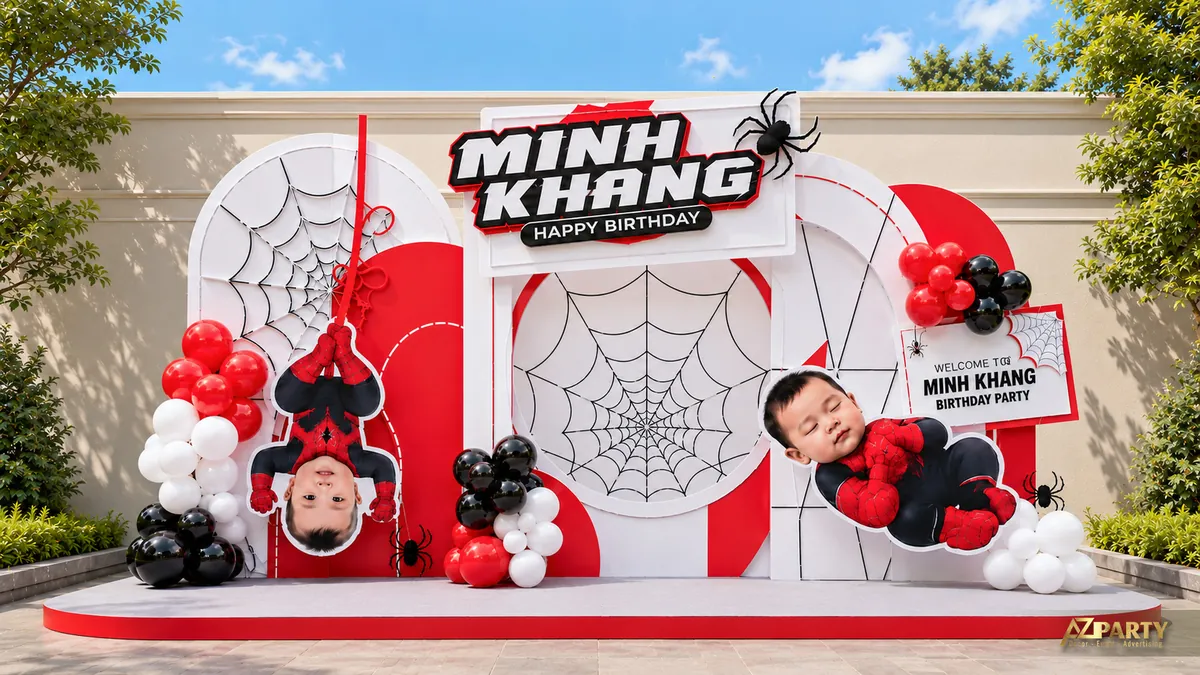 Backdrop sinh nhật Người Nhện đỏ trắng hiện đại với mạng nhện và cụm bóng tròn