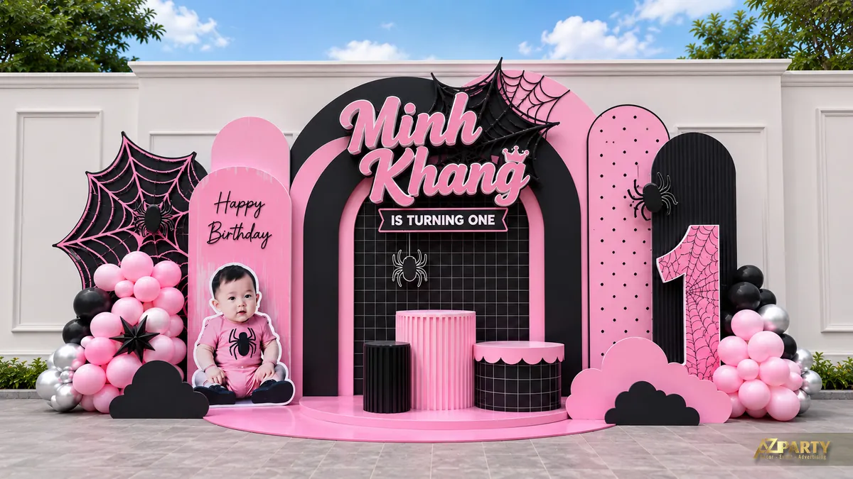 Backdrop Người Nhện hồng đen cho bé gái với cổng vòm và mô hình số 1