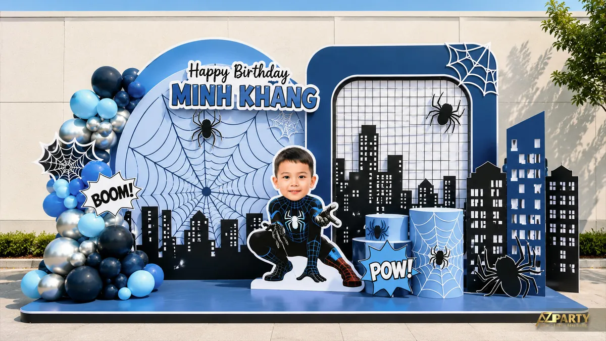Backdrop sinh nhật Người Nhện xanh đen thành phố với cụm bóng và bảng POW