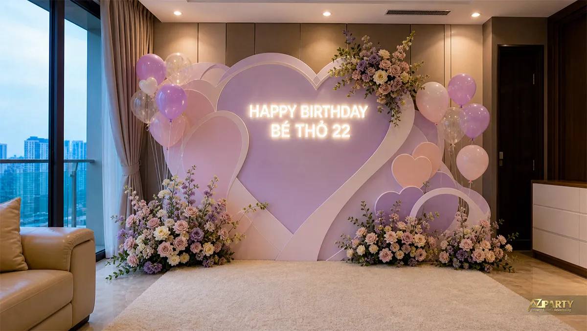 Mẫu sinh nhật Bé Thỏ 22 tuổi hình trái tim màu tím pastel