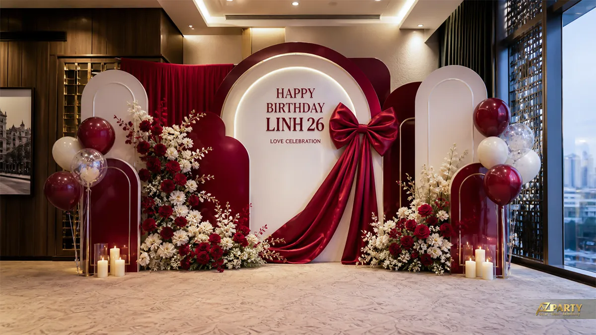 Không gian mừng sinh nhật Linh 26 tuổi màu đỏ rượu với nơ vải và hoa trắng