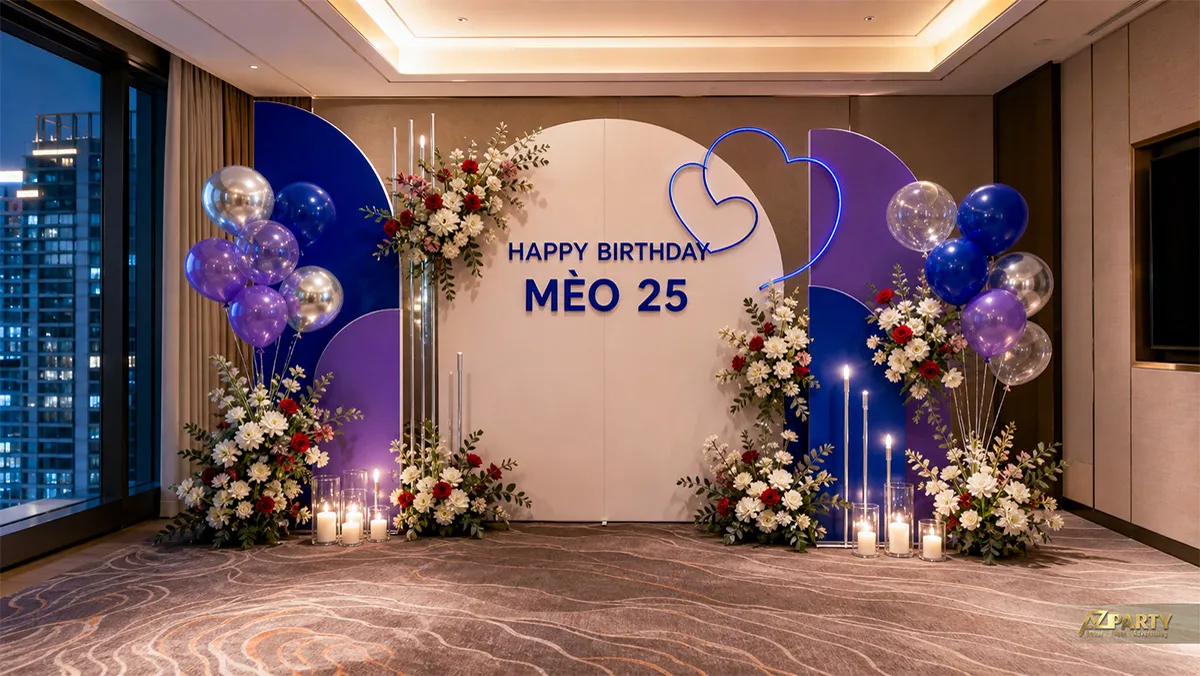 Mẫu sinh nhật Mèo 25 tuổi màu xanh tím với hai trái tim cách điệu