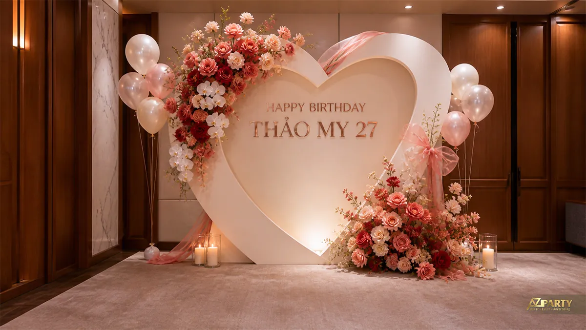 Không gian sinh nhật Thảo My 27 tuổi hình trái tim với hoa hồng và bóng pastel