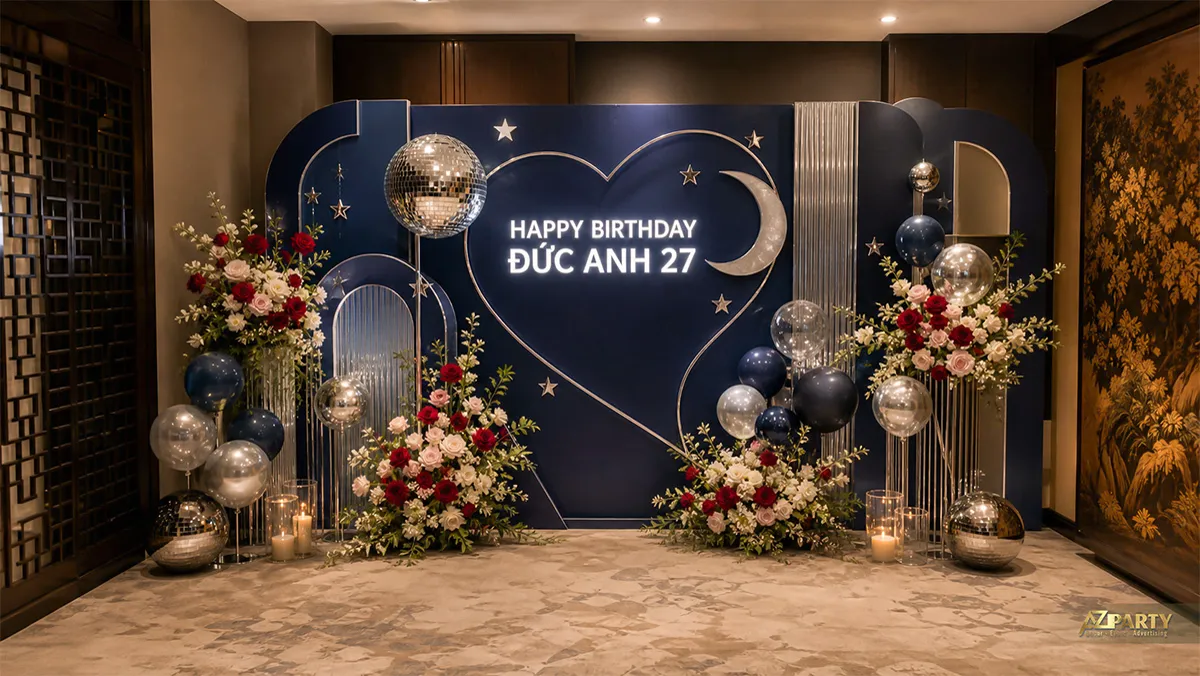 Mẫu sinh nhật Đức Anh 27 tuổi màu xanh đêm với trăng sao và bóng bạc