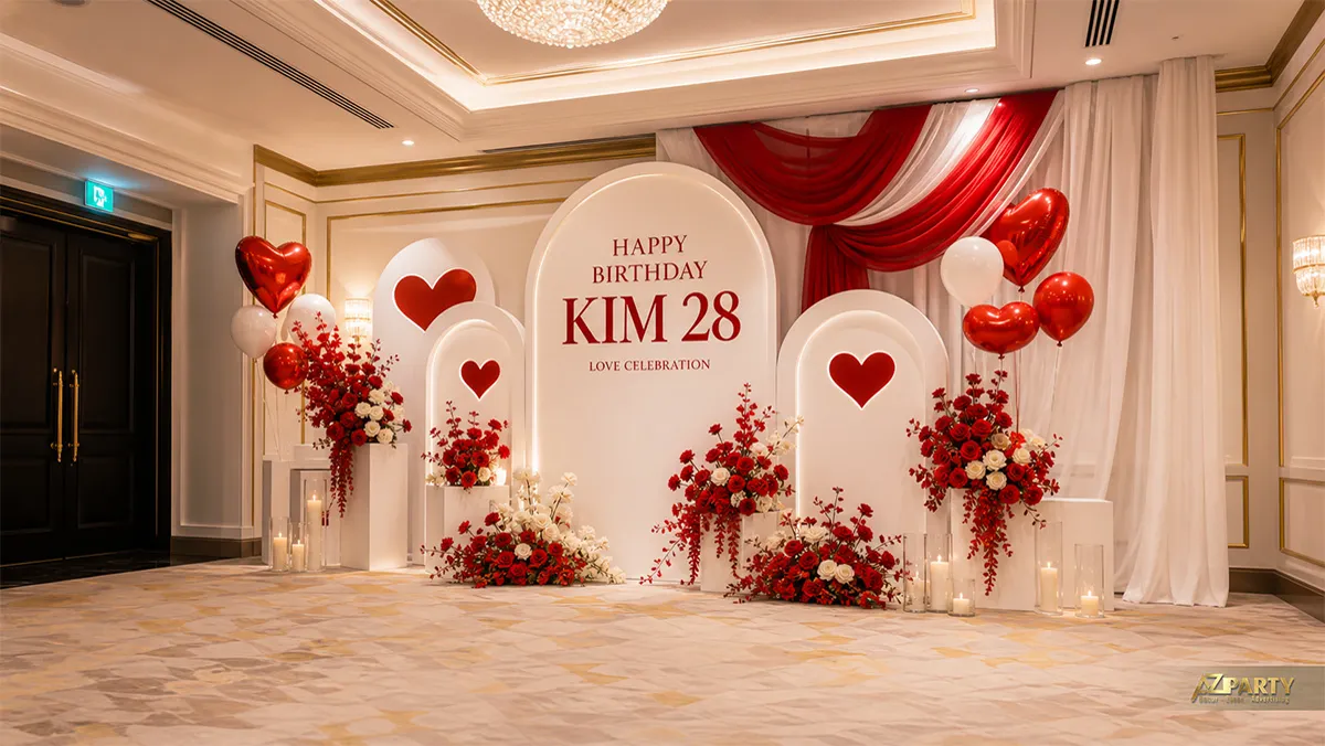 Không gian sinh nhật Kim 28 tuổi màu trắng đỏ với trái tim và bóng bay